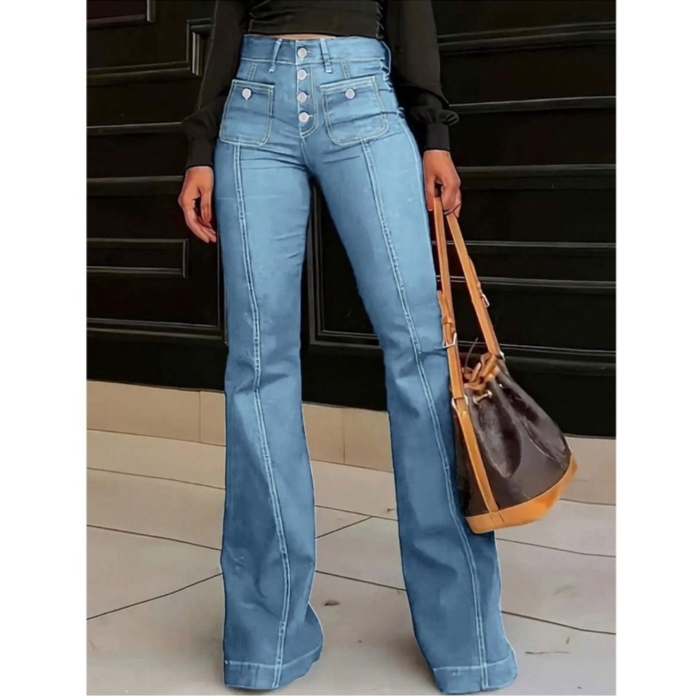 Light Wash High Waisted Button Fly Flared Leg Denim Jeans Pants S M L XL
